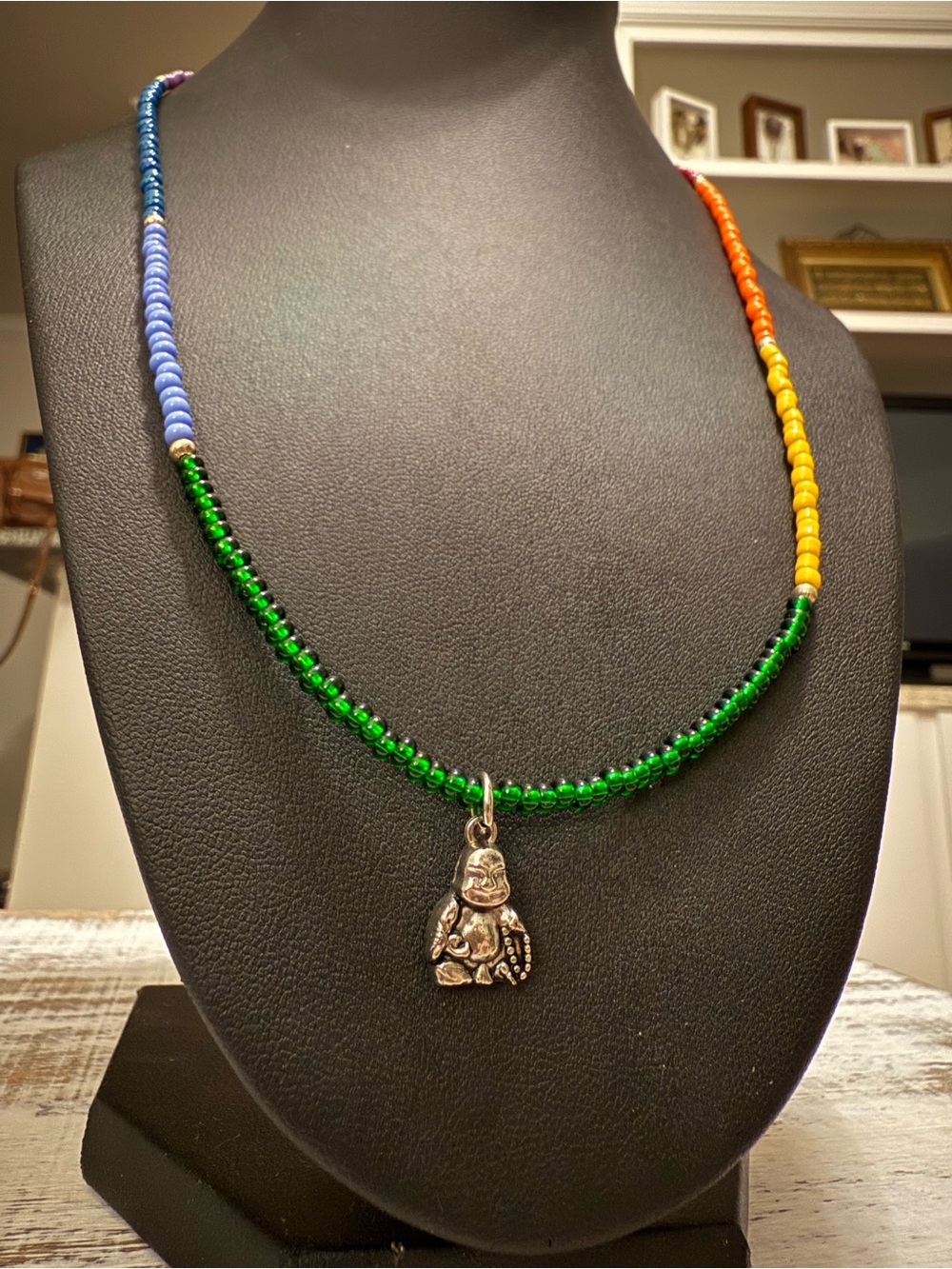 Multicolor Beaded Necklace with Silver Buddha Charm